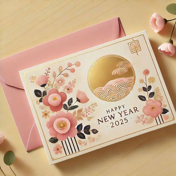 Thiệp nền hồng pastel nhẹ nhàng, điểm xuyết hoa đào và dòng chữ cách điệu