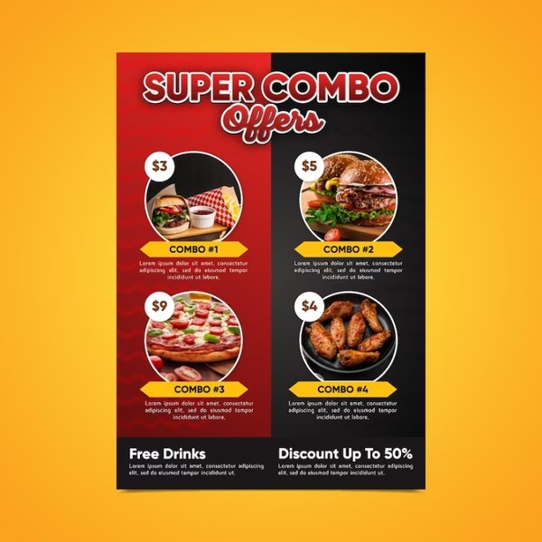 Mẫu tờ rơi menu combo fast food với gam màu đỏ – đen nổi bật, thu hút khách hàng