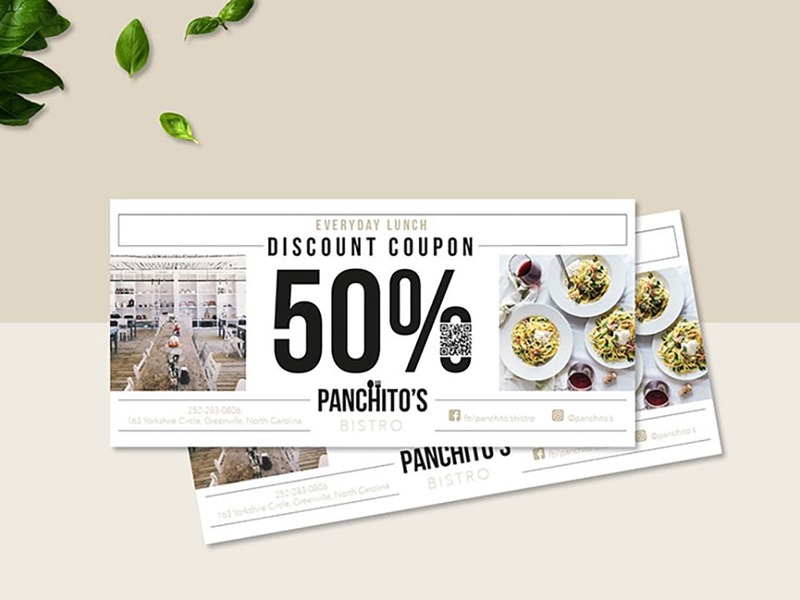 Mẫu voucher nhà hàng giảm giá thiết kế sang trọng, hiện đại, phù hợp cho nhà hàng Âu