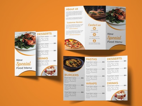 Menu thiết kế tông vàng cam tươi sáng, hình minh họa hấp dẫn