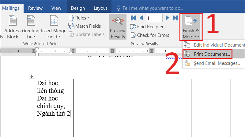 Sau khi thiết lập thông tin và kích thước phong bì, bạn nhấn chọn “Print Documents” trong Word