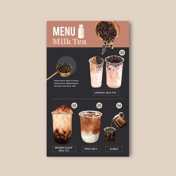 Mẫu menu trà sữa phong cách tối giản, sử dụng minh họa vẽ tay độc đáo