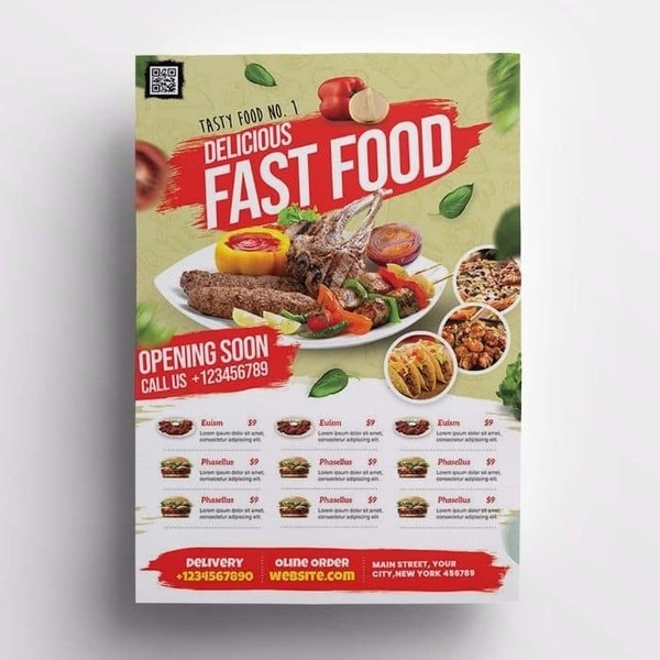 Mẫu tờ rơi menu fast food với thiết kế nổi bật, sắc màu bắt mắt và bố cục hiện đại