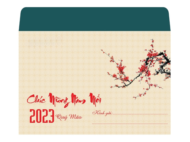 Mẫu phong bì lì xì Tết in hoa đào và chữ thư pháp đỏ