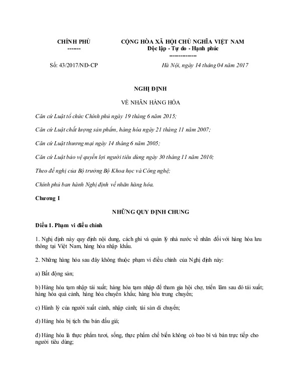 Nghị định 43/2017/NĐ-CP ngày 14 tháng 04 năm 2017