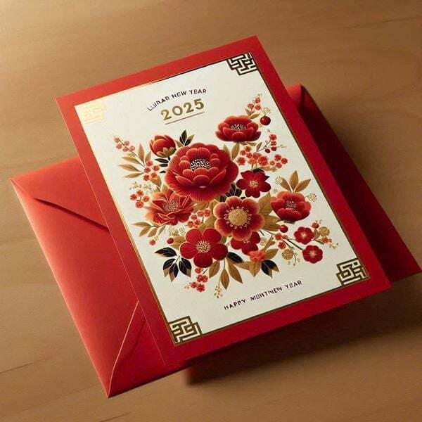 Thiệp Tết mang phong cách cổ truyền với họa tiết hoa màu đỏ rực rỡ nổi bật