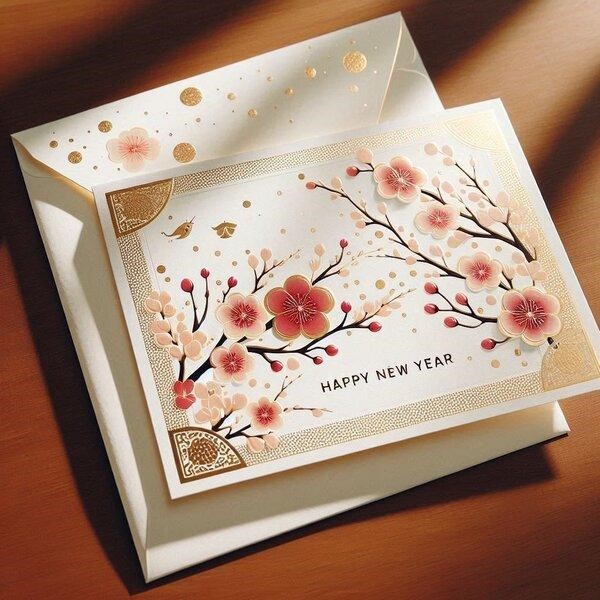 Thiệp tông trắng kem, hình hoa anh đào rơi nhẹ theo phong cách Nhật bản tối giản