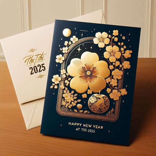 Mẫu thiệp tết thiết kế nền màu xanh đậm điểm xuyết hoa văn vàng kim loại