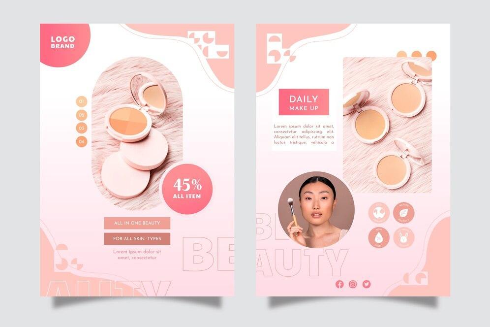 Mẫu tờ rơi quảng cáo phấn phủ lấy màu hồng nữ tính làm chủ đạo