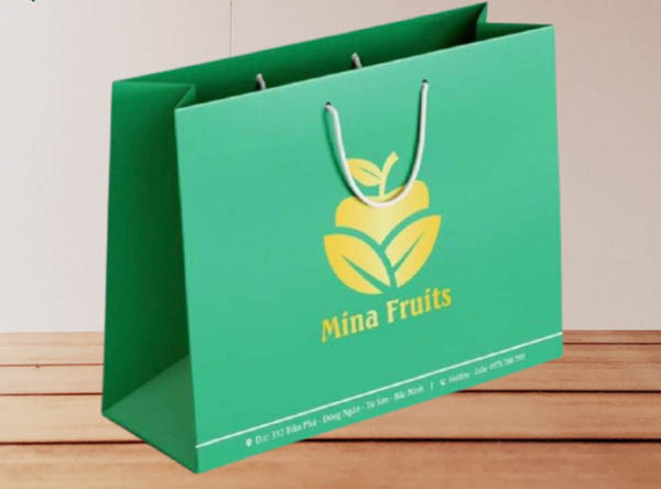 Túi giấy đựng trái cây, hoa quả nền xanh tươi mát in logo vàng