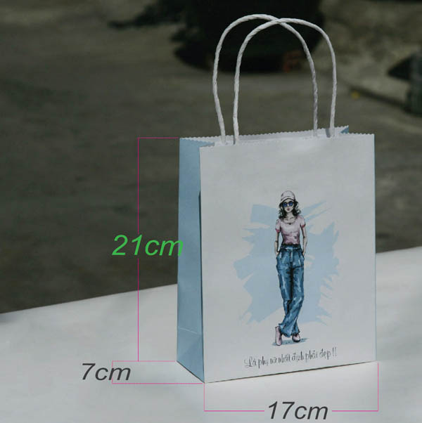 Thiết kế túi giấy kraft đứng màu trắng xanh in hình cô gái