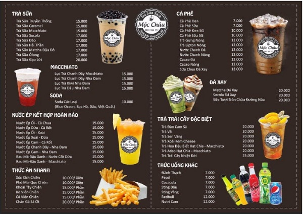 Menu quán trà sữa với nhiều nhóm đồ uống