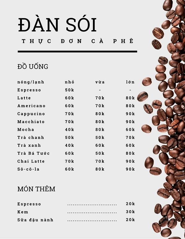 Menu quán cafe thiết kế kiểu đơn giản