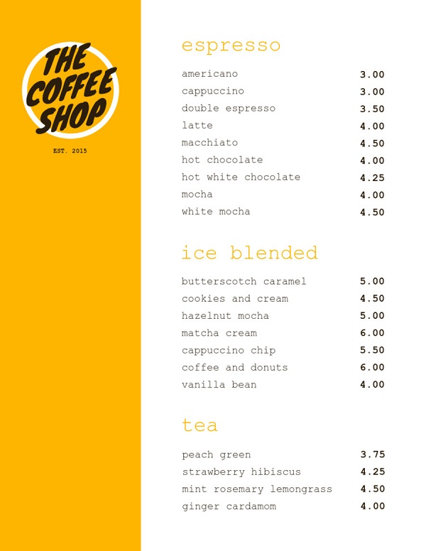 Menu cafe đơn giản thu hút khách hàng