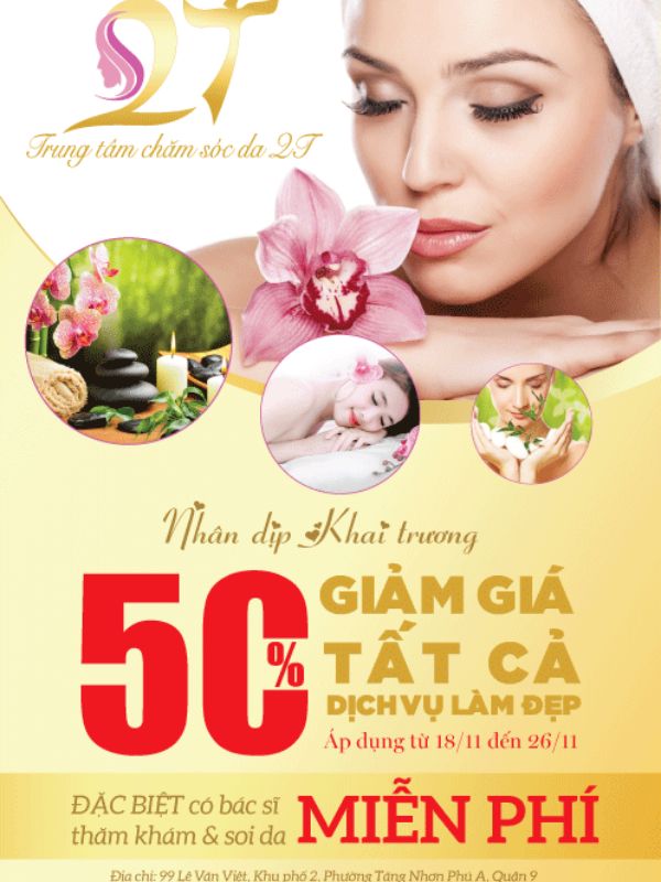 Mẫu tờ rơi sự kiện khai trương trung tâm chăm sóc da 2T