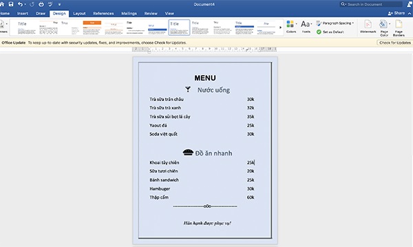 Đặt giá cho menu