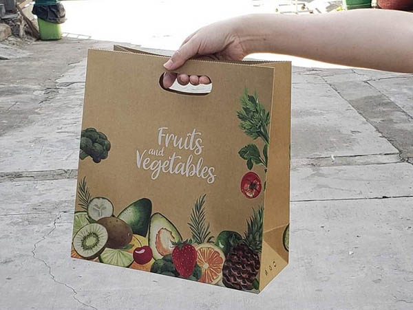 Túi giấy kraft đựng hoa quả in hình rau củ, trái cây tươi