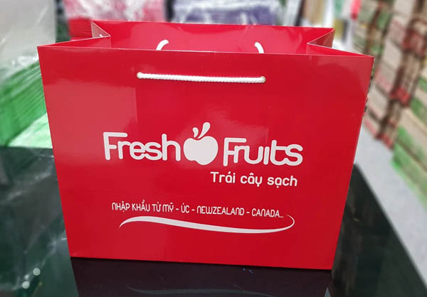 Mẫu in túi giấy đựng trái cây sạch, hoa quả tươi trên nền đỏ nổi bật